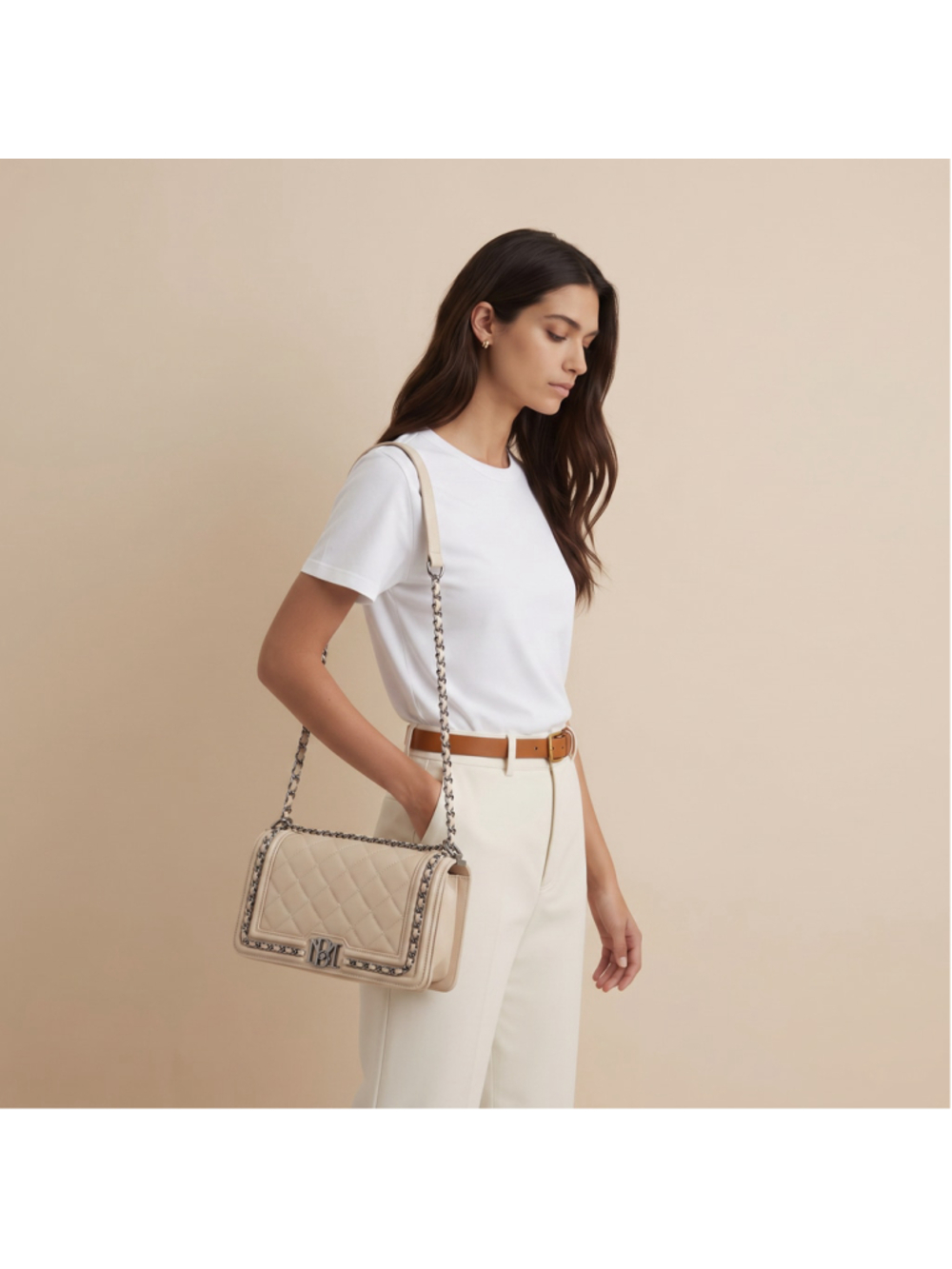 NWT Badgley Mischka Diamond Quilted Chain Frame Crossbody Purse Nude
